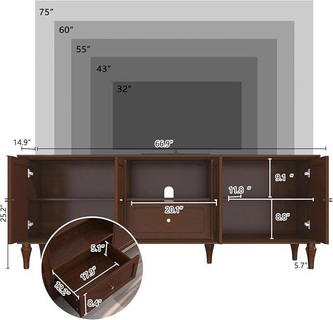 ARTPOWER 67'' Mid-Century Modern TV Stand with Storage Drawer and Doors, Long TV Stand with Adjustable Shelves for 75 Inch TV for Living Room, Bedroom, Brown - Image 7