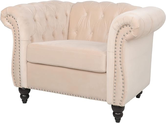 LEVNARY Velvet Chesterfield Chair, Mid-Century Modern Single Sofa Chair with Button Tufted Backrest and Nailhead Decor, Tufted Upholstered Rolled Armchair for Home Bedroom Reading Room (Beige)