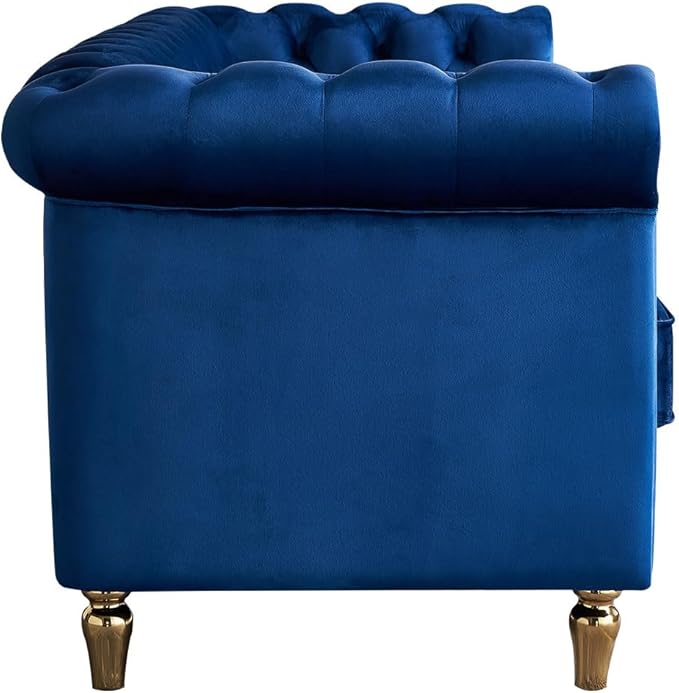 KEIKI 85" Chesterfield Velvet Tufted Button Sofa with Deep Seat Cushions and Rolled Arms, Modern Style 3-Seater Couch Decorated with Gold Strip, Easy Assembly, for Living Room, Bedroom, Office, Blue