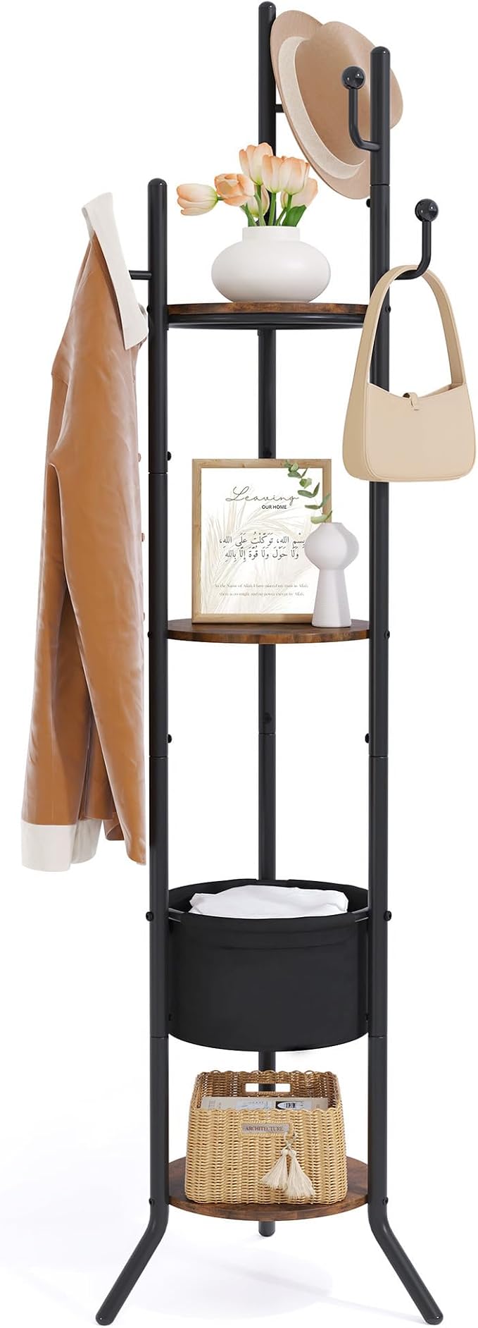Hoctieon Coat Rack Freestanding, Round Coat Rack with 3 Wooden Shelves and 1 Fabric Basket, Metal Clothes Tree with 5 Hooks, Coat Hanger Stand for Clothes, Hats, Bags, Brown and Black - Image 9