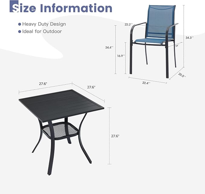 VICLLAX Outdoor Dining Set for 2, Small Patio Table and Chairs Set of Stackable Patio Sling Chairs and Square Dining Table for Front Porch, Blue Fabric and Black Table - Image 7
