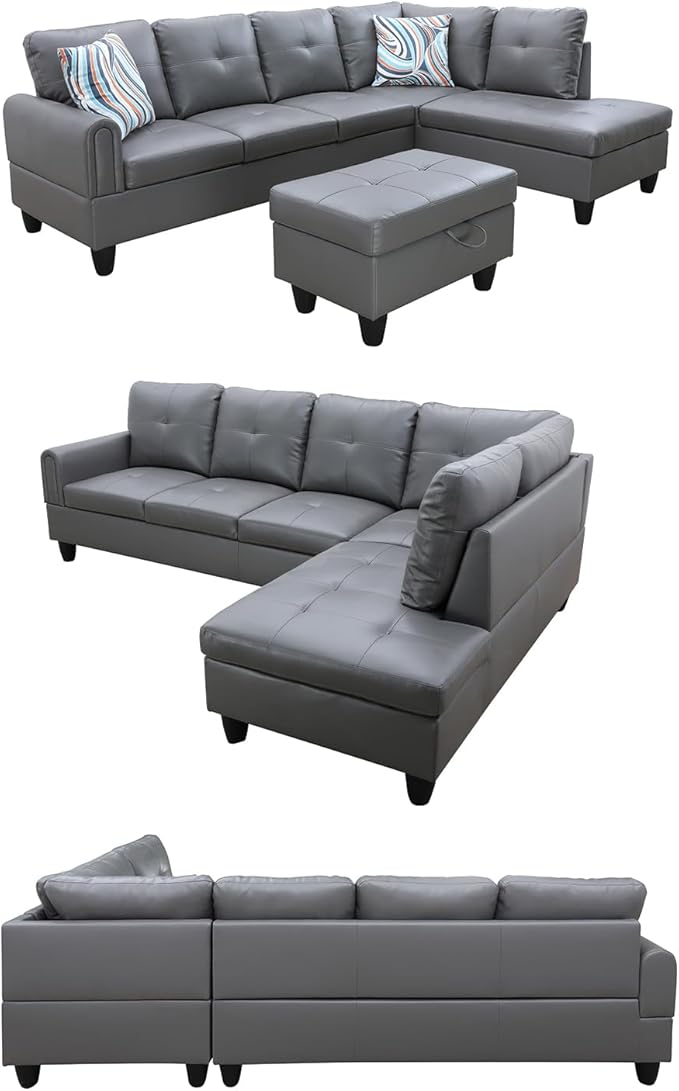 L Shape Sectional Couch, Modern Modular Sofa, 4-Seat L-Shaped Corner Sofá, Convertible Sofa&Couch, Living Room Furniture Sets with Chaise Lounge, Storage Ottoman & 2 Pillows, Faux PU Leather