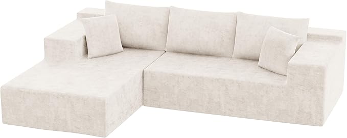 Homall 108" Modular Sectional Sofa, Boneless Couch with L-Shape Chaise, Cloud Couch with Deep Seat Upholstered, No Assembly Required for Living Room, Bedroom (Chenille, Beige)
