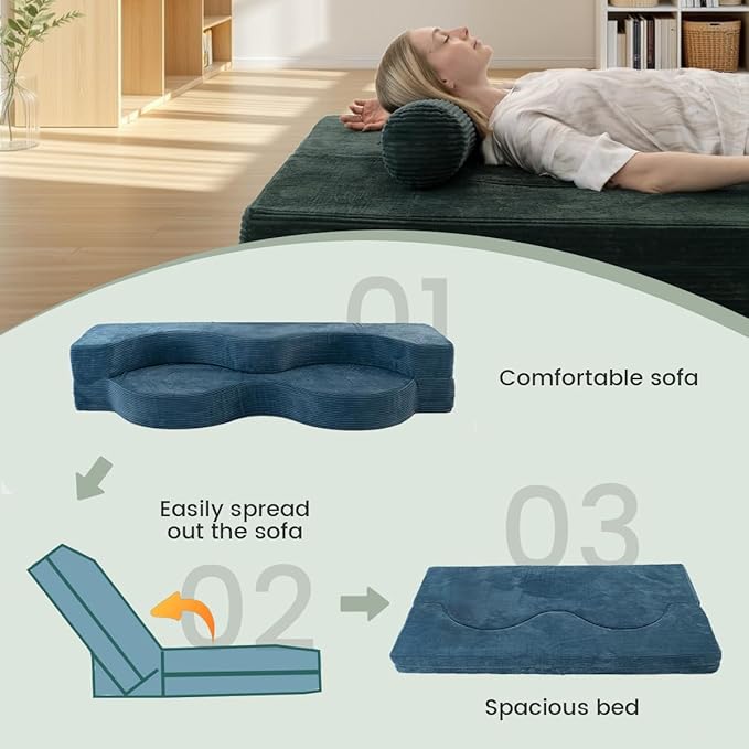 75" Folding Sofa Bed Convertible Futon, Twin Size Sleeper Couch, Washable Velvet Corduroy Cover & High-Density Foam, 2-in-1 Floor Mattress, No Assembly for Living Room/Dorm Blue