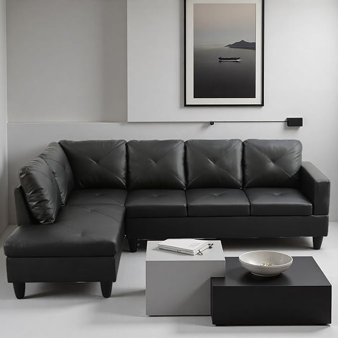 L Shape Sectional Couch with Chaise, 97 Inch Modular Sofa with Ergonomic Reclined Backrest, Sectional Couches for Living Room, Cross Hatch Patterns, for Office and Small Apartment, Black