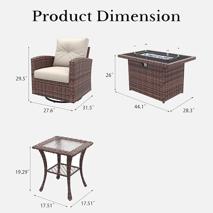 LayinSun 7 Pieces Patio Furniture Set with Swivel Chairs, Rattan Wicker Rocking Glide Chairs with 44" Propane Gas Fire Pit Table Conversation Set