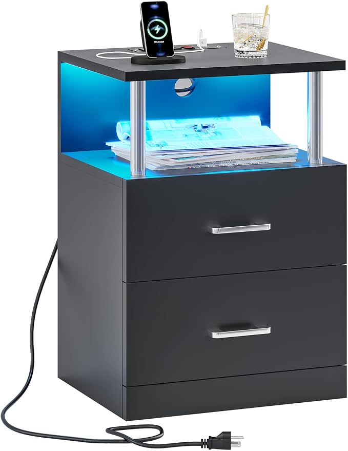 VIAGDO Black Nightstand with Charging Station and USB Ports, LED Night Stand with 2 Drawers, Modern End Side Tables with Open Storage, Bedside Tables for Bedroom, Office - Image 9