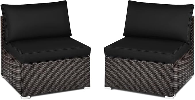 Tangkula 2 PCS Outdoor Wicker Armless Sofa, Patio Rattan Sectional Sofa Set w/2 Thick Seat Cushions and 2 Back Cushions, Additional Seats for Balcony Garden Patio Poolside (Brown)