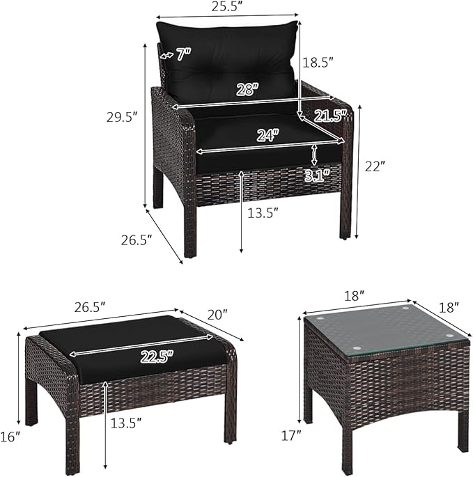 HAPPYGRILL 5 Pieces Patio Furniture Set Outdoor Rattan Wicker Conversation Set with Coffee Table Cushioned Sofas and Ottoman Chat Set for Garden Backyard