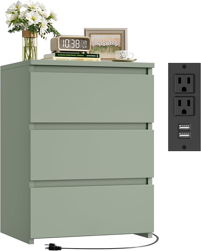 FOTOSOK Nightstand, 26" H Night Stand with Charging Station, Nightstand with USB Ports & Power Outlets, Silent Slides, Wooden End Side Table Bedside Table with 3 Drawers for Bedroom, Green - Image 7