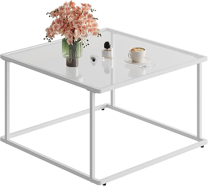 WLIVE Coffee Table, Glass Coffee Table for Living Room, Modern Small Coffee Table with Tempered Glass & Metal Frame, Square Center Table for Small Spaces Apartment, Office, 26.4 x 26.4in, White