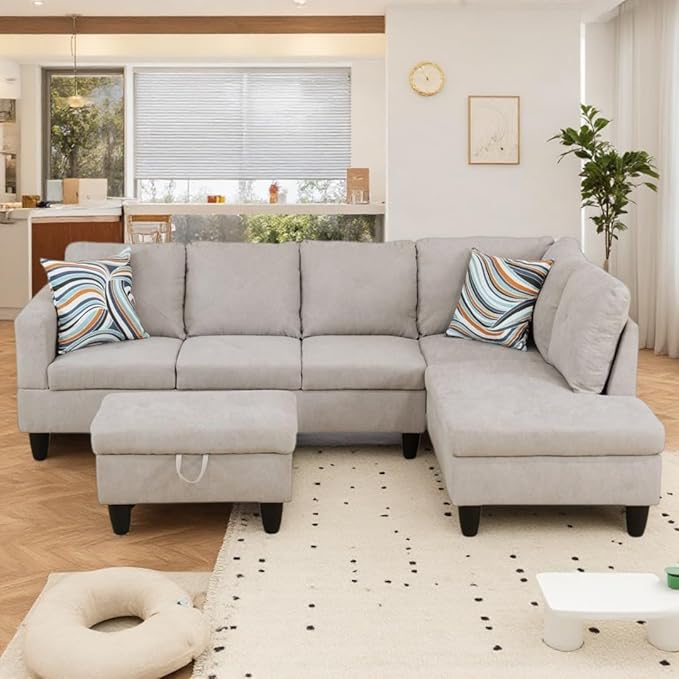 NicBex Modular L-Shaped Sectional Couches, 3-Piece Convertible Couch with Storage Ottoman, 4-Seat Comfy Sofa with Chaise for Living Room & Apartment, Off-White