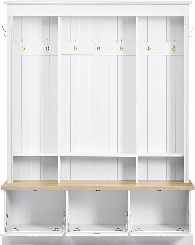 LUMISOL Hall Tree with Storage Bench and Shoe Storage, Coat Rack with Shelves and 9 Hooks, LED Light Entryway Bench with 3 Large Cabinets, for Entrance Mudroom Living Room, White - Image 9