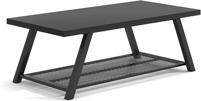 FOLUBAN Black Coffee Table with Storage, Modern Rustic Wood and Metal Coffee Tables for Living Room, 2-Tier Industrial Rectangle Cocktail Tea Table, 47 Inch