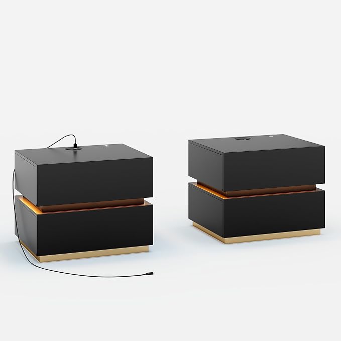 homary Smart Nightstand Set of 2 with Wireless Charging Station, USB & Type-C Ports, LED Light – Modern Black Bedside Table for Bedroom Storage (Black, 2 Drawers) - Image 9