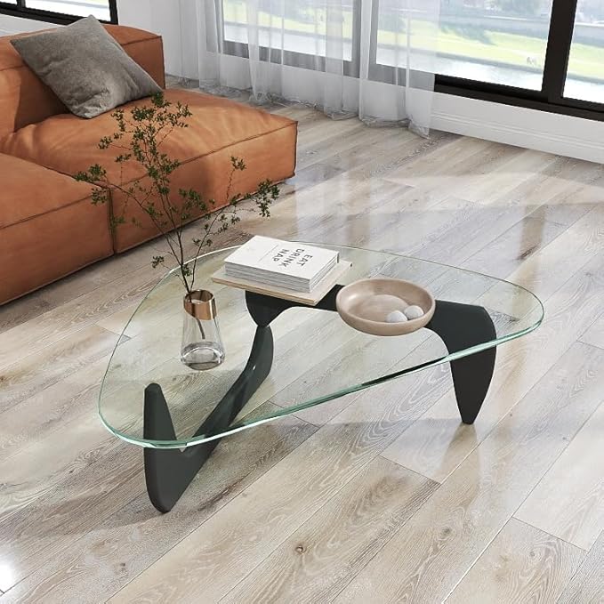 Black Coffee Table for Living Room, Mid Century Small Coffee Tables, Rustic Clear Center Table with Tempered Glass & Solid Wood Base, Triangle Coffee Table for Small Spaces