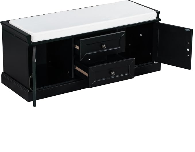 GDFStudio Rustic Storage Bench with 4 Doors 2 Draws Adjustable Shelves Removable Cushion Rectangular Cabinet Foot Rest Stool Solid Wood Shoe Bench Seating for Entryway Living Room, Black - Image 9