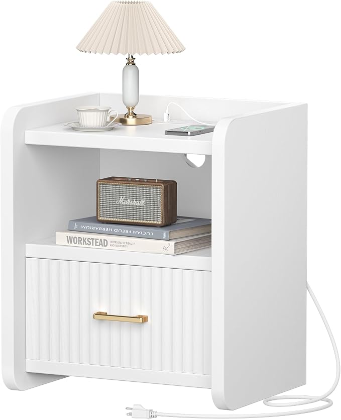 Night Stand with Charger Station, Fluted Wood Nightstand with Drawer Storage, Modern Bedside Table, Wide Nightstands for Bedroom, Mid Century Wooden Night Stands for Home Office Sofa Couch - Image 9