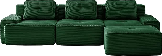 Casaphoria 115'' Boneless Sofa with Ottoman, 3-Seater Modular Couch with 3 Pillows for Living Room, L Shape Cloud Sectional Sofa, No Assembly, Green