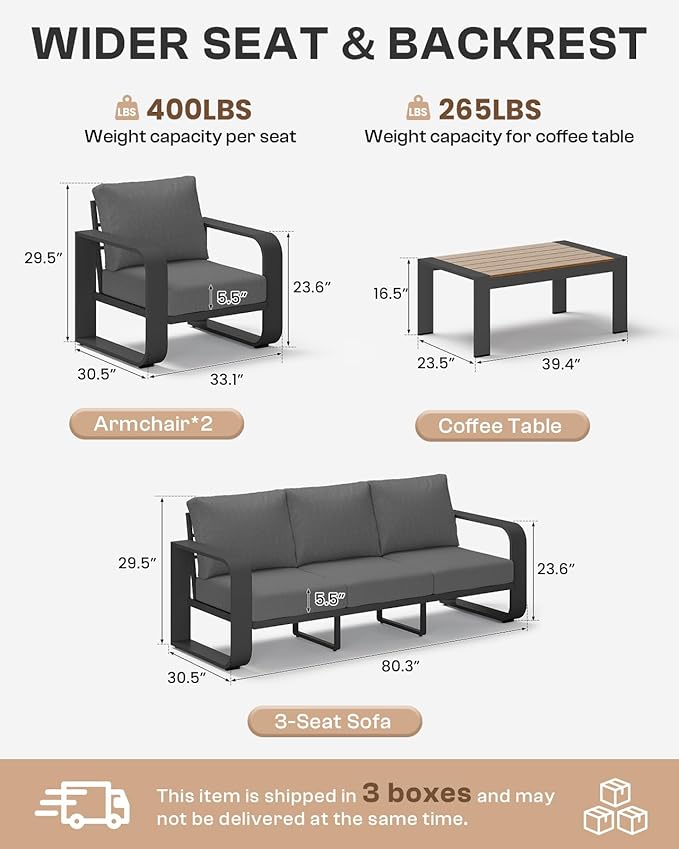 Aluminum Outdoor Patio Furniture Set, 4 Piece Oversized Patio Conversation Sets Widened Armrest & Ultra-Thick Cushions, Heavy Duty Modern Sectional Furniture for Backyard, Porch, Graphite