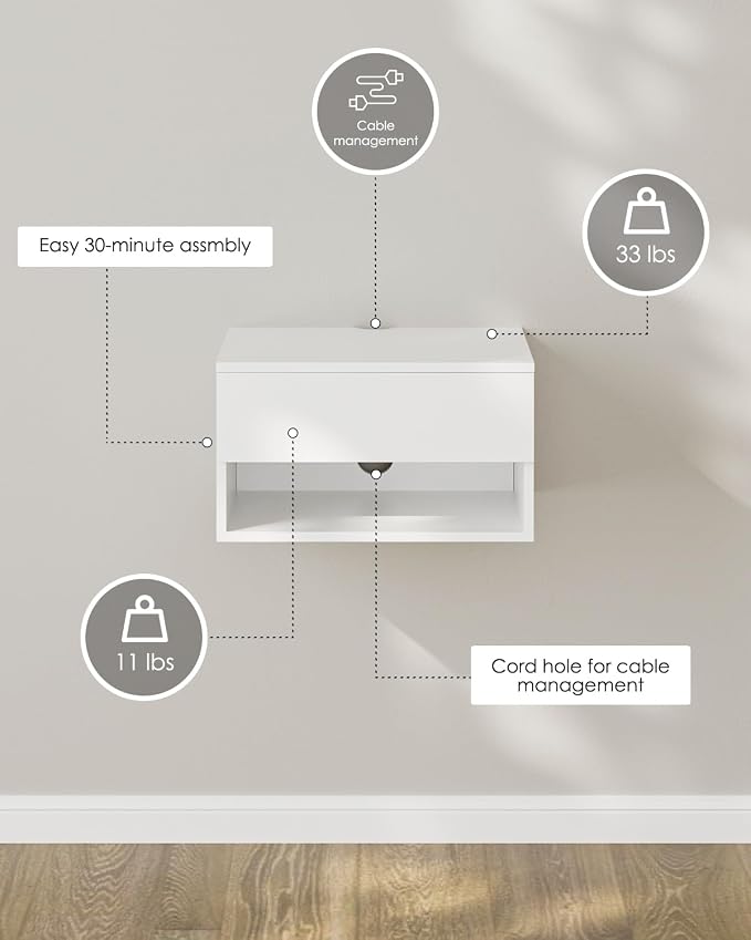 Floating Nightstand, Small Modern Floating Nightstand with Drawer, Floating Shelves for Bedroom, Bathroom (White) - Image 9