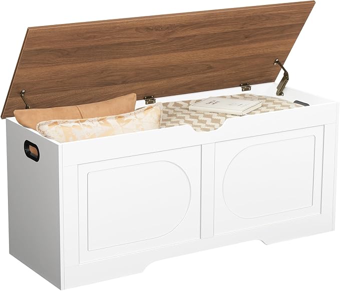 MAHANCRIS Storage Chest, 43.3” Toy Box, Entryway Storage Trunk, Shoe Bench with Storage, Engineered Wood Storage Cabinet with 2 Safety Hinges, Entrance Bench for Living Room, White + Walnut SCBZ2101 - Image 8
