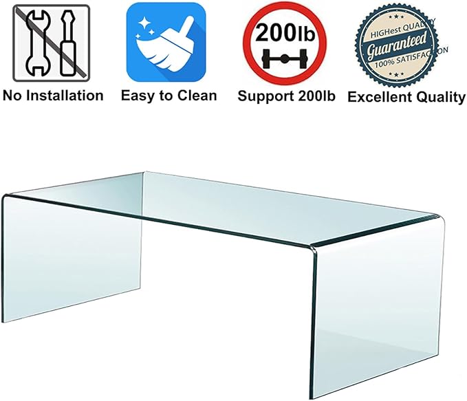 Tempered Glass Coffee Table, Small Clear Modern Coffee Tables with Rounded Edges Bent Home Office Furniture,Glass Sofa End Table 39.4" x 19.7" x 13.8"H