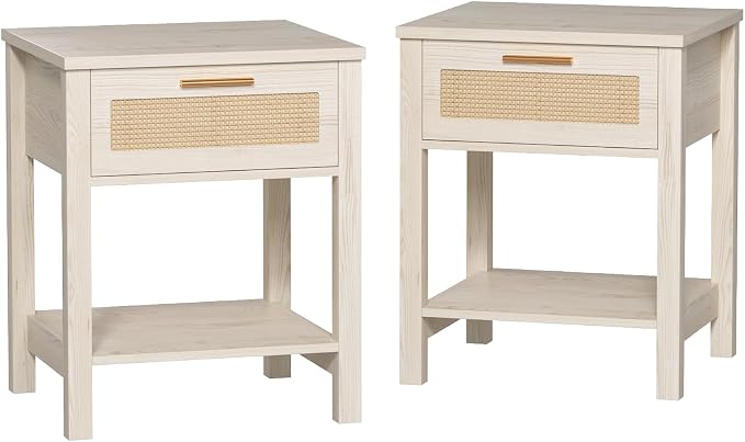 Set of 2 Nightstands, Modern End Table with Drawer and Storage Shelf, Rattan Night Stand for Bedroom Living Room Small Spaces, White Cream - Image 8