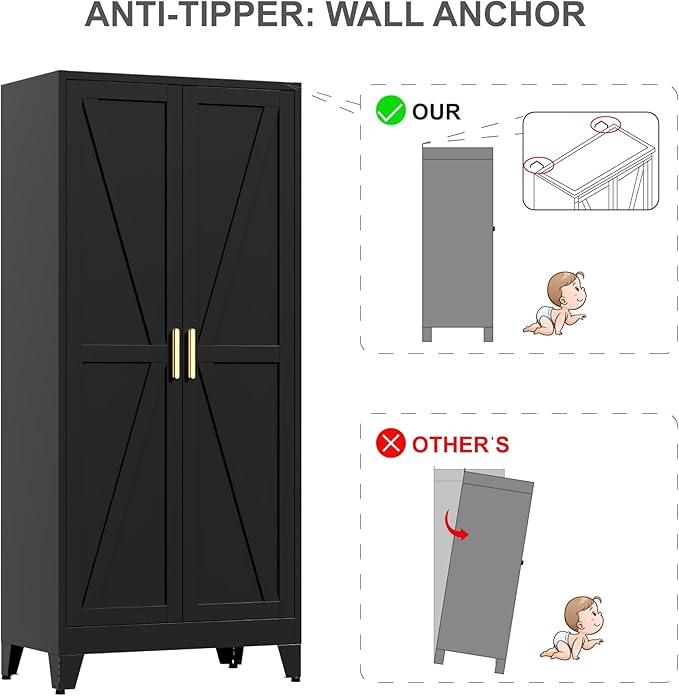 LCAOPC 71" Tall Metal Wardrobe Closet with Adjustable Shelves and Hanging Rod, 2 Doors Free Standing Armoire Wardrobe Cabinet for Bedroom, Office, Laundry Room, Black