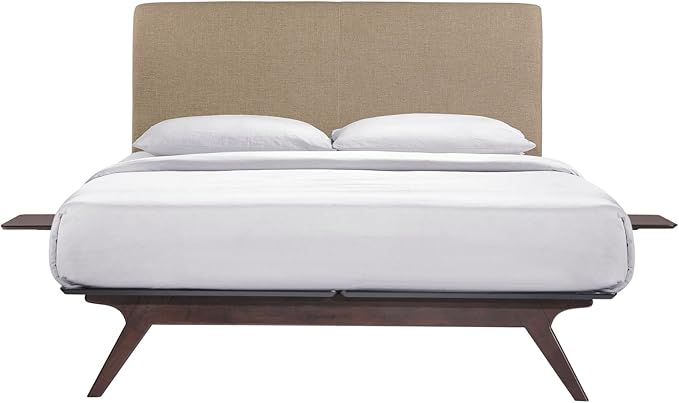 Modway Tracy Mid-Century Modern Wood Platform Queen Bed with Two Nightstands in Cappuccino Latte