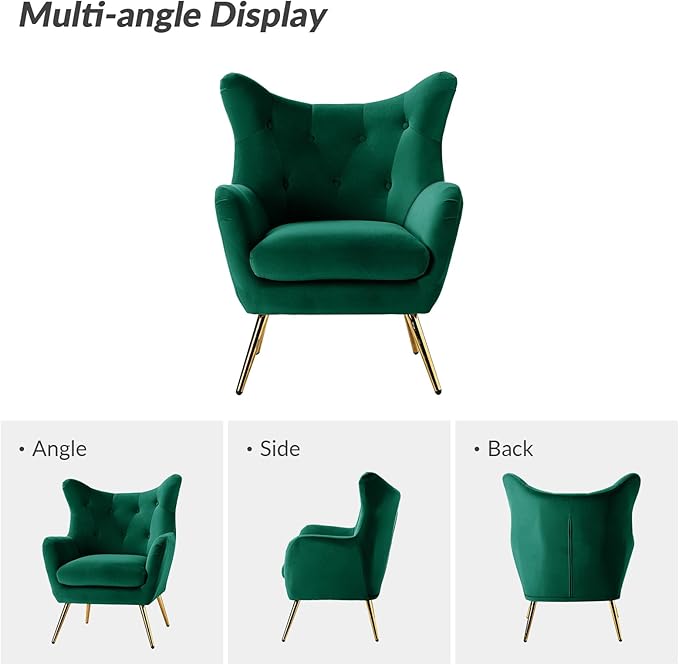 HULALA HOME Velvet Accent Chair, Modern Wingback Armchair with Metal Gold Legs, Velvet Tufted Upholstered Single Sofa Chair for Living Room Bedroom, Dining Room Accent Club Guest Chair (Green)