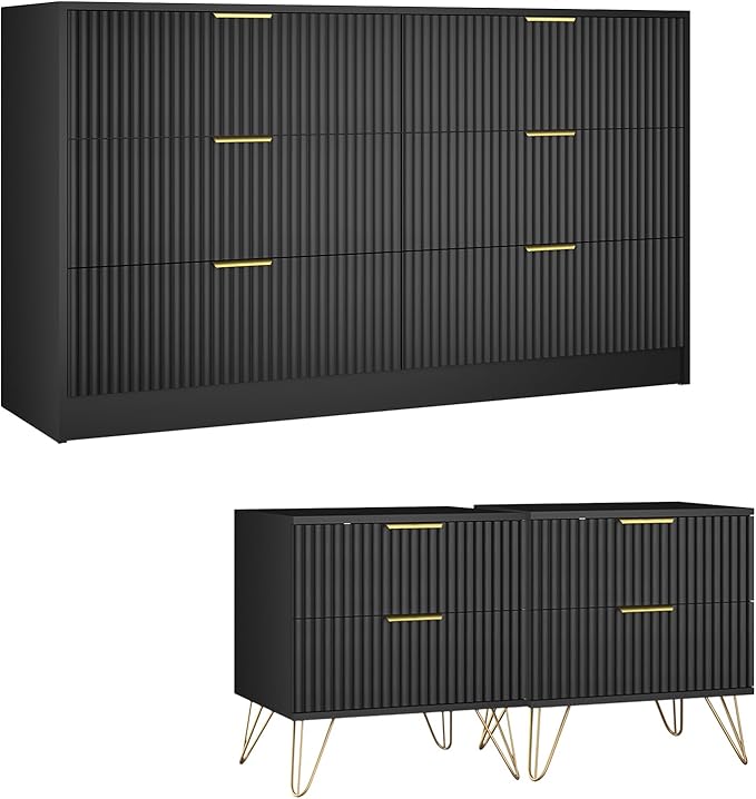 Black Dresser and Nightstand Sets, 6 Drawer Dresser Set for Bedroom 3 Piece, 55” Wide Fluted Wood Dressers W/Metal Handle & Night Stand Set of 2, Modern Bedroom Furniture Sets, Black