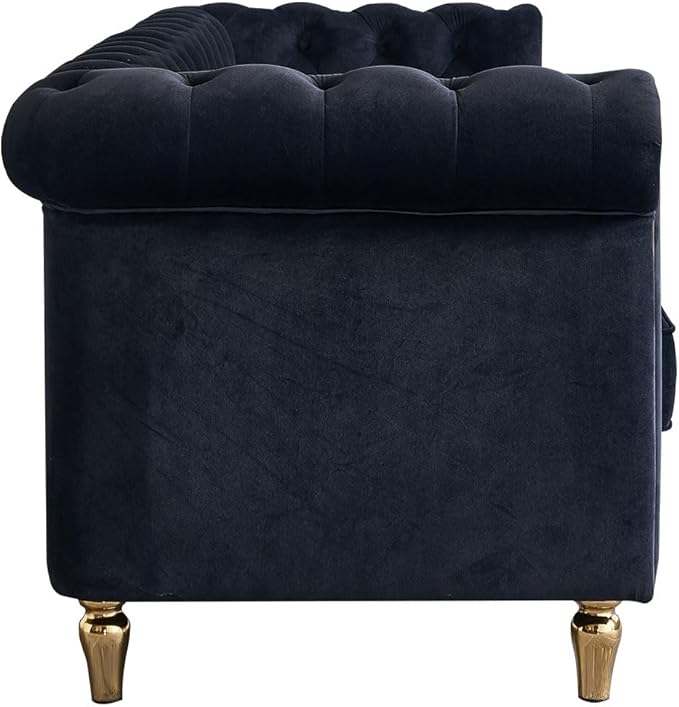 KEIKI 85" Chesterfield Velvet Tufted Button Sofa with Deep Seat Cushions and Rolled Arms, Modern Style 3-Seater Couch Decorated with Gold Strip, Easy Assembly, for Living Room, Bedroom, Office, Black