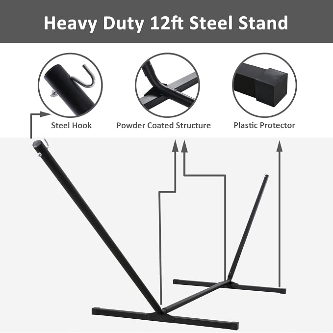 SUNCREAT Hammocks Extra Large Hammock with Stand Included, Double Hammock with Curved Spreader Bar, Black Stripes - Image 8