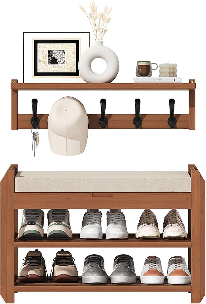 27.6" Bamboo Shoe Bench with Cushion, 5 Hooks Coat Rack, 2-Tier Storage Bench for Entryway, Heavy Duty Shoe Rack Organizer with Removable Soft Cushion for Living Room Bedroom Hallway - Image 9