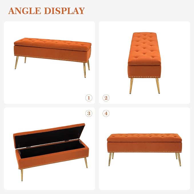 HULALA HOME Modern Velvet Storage Ottoman Bench with Gold Base & Nailhead Trim, Upholstered Bedroom Bench for End of Bed, Button-Tufted Footstool for Entryway Living Room Dining Room, Orange - Image 7