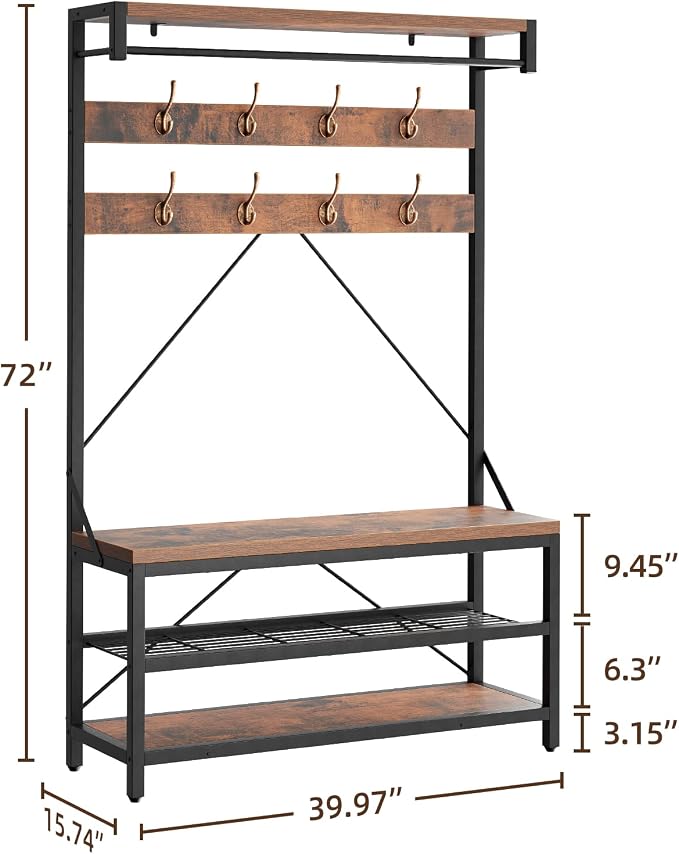 IDEALHOUSE Coat Rack Shoe Bench Industrial Hall Tree Storage Bench for Entryway Wood Look Accent Large Shoe Rack with Storage Shelf Hanging Bar,8 Hooks Grey 39.9"x15.7"x72" - Image 8