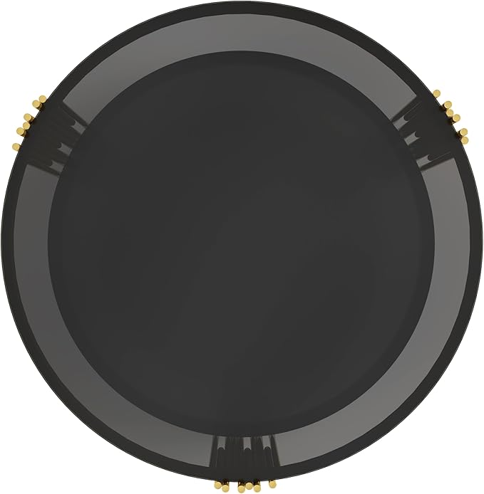 Modern Black Mirror Coffee Table, Asymmetrical Metal, Circular Metal Drum Base, Gold Finish & Lower Shelf