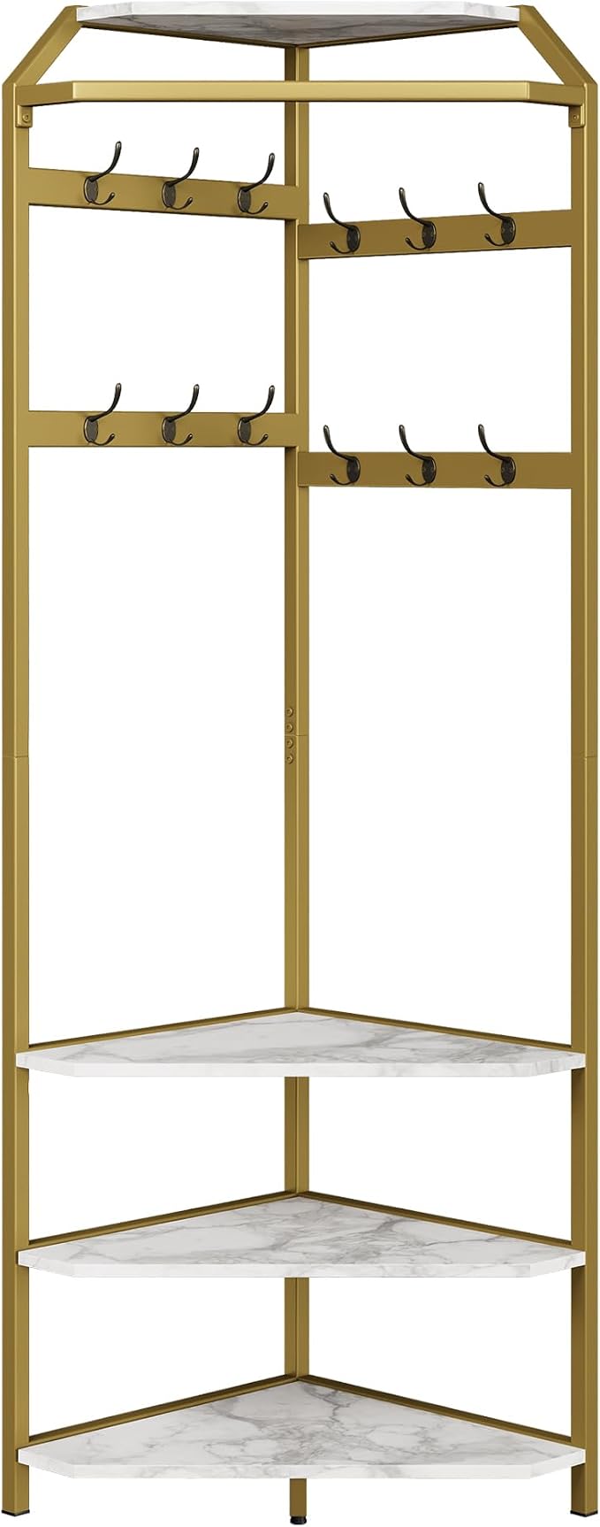 IDEALHOUSE Corner Coat Rack With Shoe Bench and 6 Double Hooks, Corner Hall Tree - Clothes Rack With Storage Hall Tree With Organizer Shelf for Entryway, Hallway, Closet (02-Gold) - Image 8