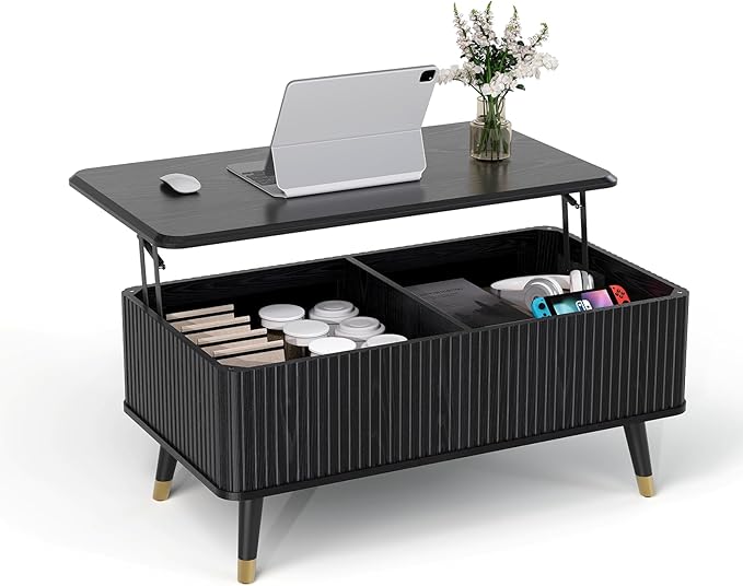 Lift Top Coffee Table with Storage, Modern Coffee Table with Solid Wood Legs, 38" Minimalist Fluted Center Table for Living Room, Home Office, Black