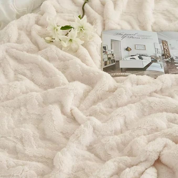 3 Layer Jacquard Throw Blanket - 50x70 Inch Soft Fleece with Wave Pattern, Beige Plush Cozy Blanket for Sofa, Couch, Bed & Chair, All Season Decorative Blanket for Living Room & Bedroom