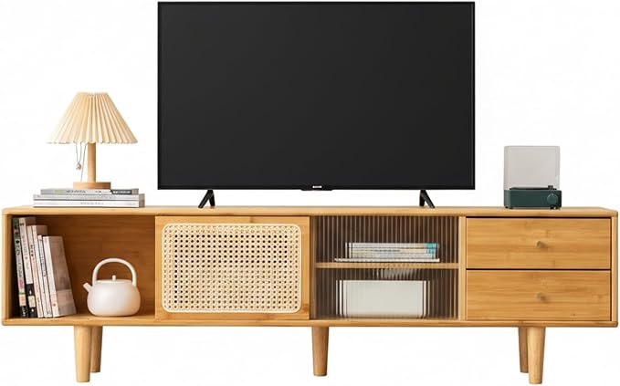 Tiita Rattan TV Stand for 55 60 Inch TV, Bamboo TV Cabinet with 2 Drawers, Boho Entertainment Center with Adjustable Shelf, Mid Century Modern Media Console for Bedroom, Living Room, Study - Image 10