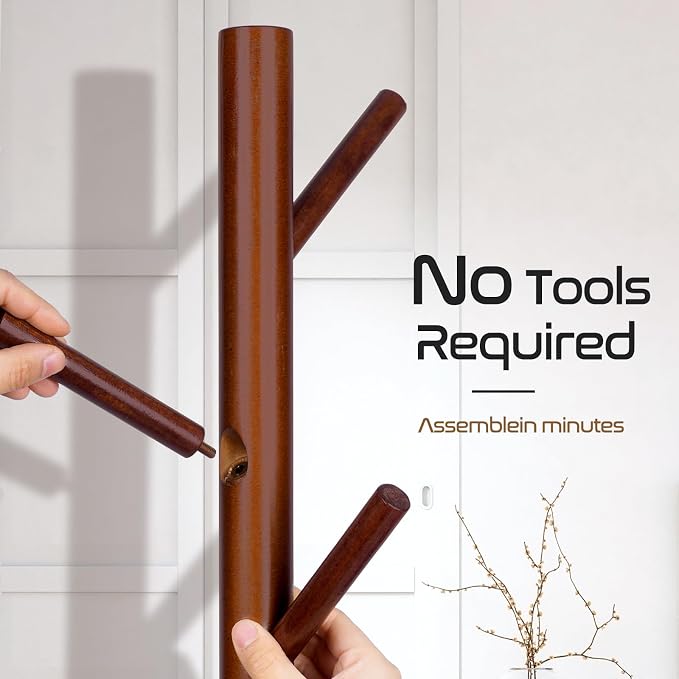 Solid Wooden Coat Rack Freestanding, New Zealand Pine Coat Tree with 8 Hooks & 3 Adjustable Sizes for Coats, Hats, Handbags and Scarves, Space Saving for Entryway/Office/Bedroom (Brown) - Image 7