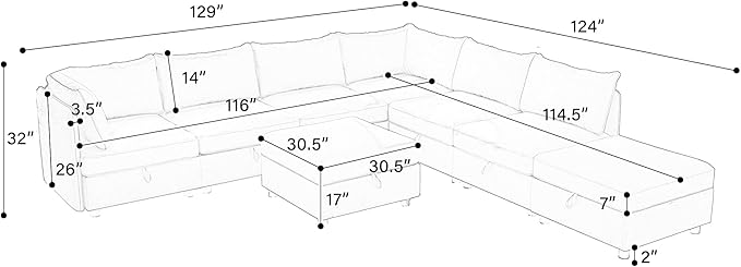 Oversized 8 Seater Modular Storage Sectional Sofa Customizable Seating Group Sofa&Couch Convertible Sleeper Sofabed W/Movable Ottoman & Seat, U-Shaped Chenille Upholstered Sofa Couch for Living Room