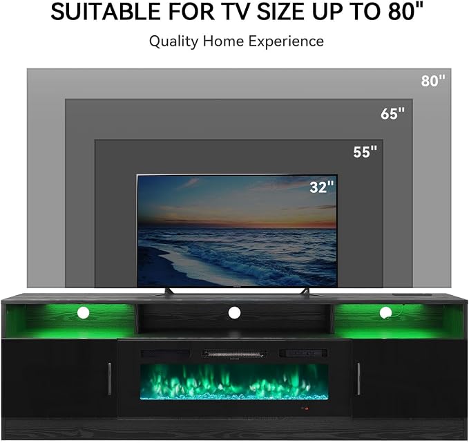MXV 70" Fireplace TV Stand with Power Outlet for TVs UP to 80", Electric Fireplace Entertainment Center with LED Lights & Storage Cabinets, TV Console for Living Room, Office, Black-Black - Image 9