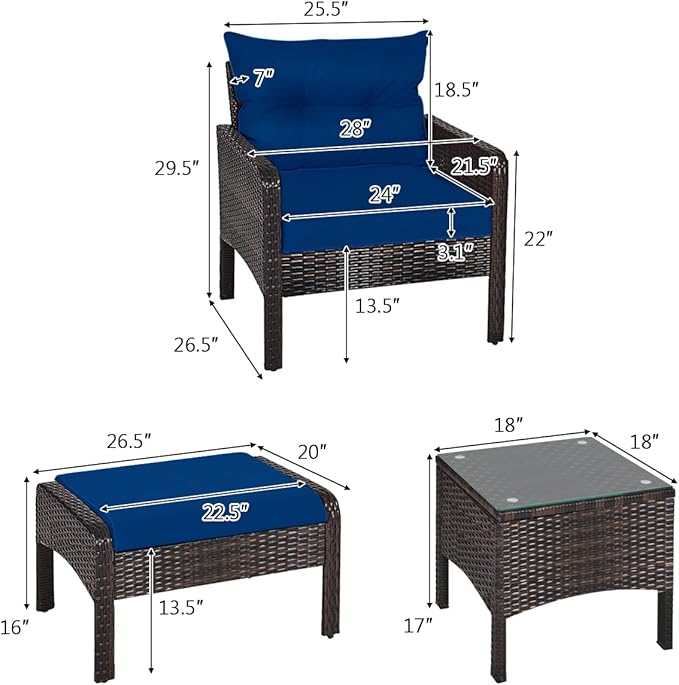 HAPPYGRILL 5 Pieces Patio Furniture Set Outdoor Rattan Wicker Conversation Set with Coffee Table Cushioned Sofas and Ottoman Chat Set for Garden Backyard