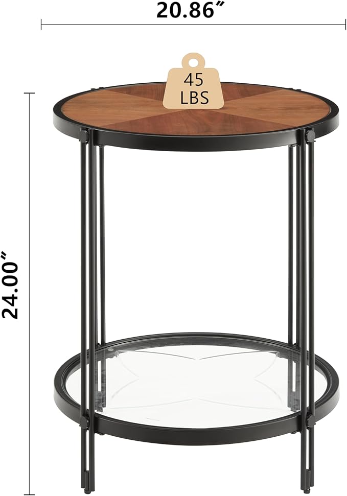 20" Round Glass End Table with Glass Bottom, Black Circle Small End Table with Wood Top & Metal Frame for Living Room, Apartment 20" Dx20 Wx24 H, Black