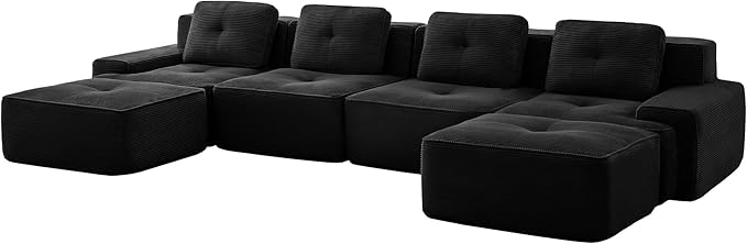 Casaphoria 150'' Boneless Sectional Sofa, Corduroy 4-Seater Cloud Couch with 4 Pillows & 2 Ottomans for Living Room, U-Shaped Deep Seat Modular Sofa for Apartment, No Assembly, Black