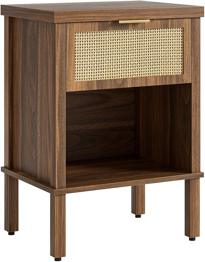 Rattan Nightstand with Drawer and Open Shelf, Boho Side Table with Gold Handle, Small Night Stand, Modern Bedside Table for Bedroom, Walnut - Image 9