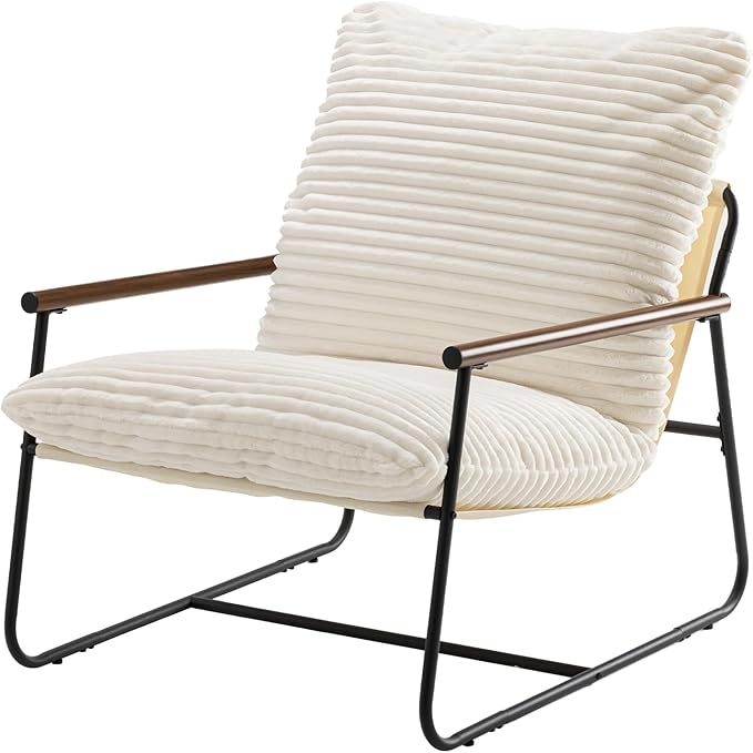 COSIEST Accent Chair for Living Room, Modern Ribbed Upholstered Armchair with Wood Arms, Comfy Lounge Chair with Black Metal Frame, Large Reading Chair for Bedroom, Office, Small Space, White